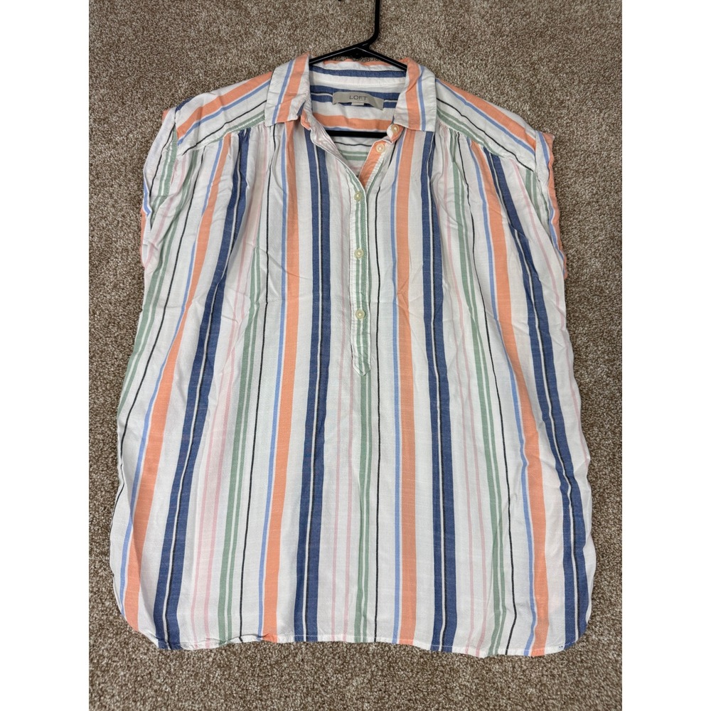 LOFT Womens Small Sleeveless Rayon Stripe Blouse Blue Orange Pink White Button